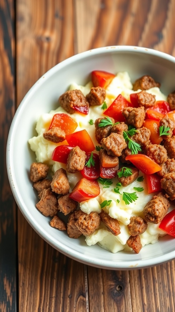 A protein-packed cottage cheese bowl topped with bacon, sausage, and ground beef, garnished with herbs.